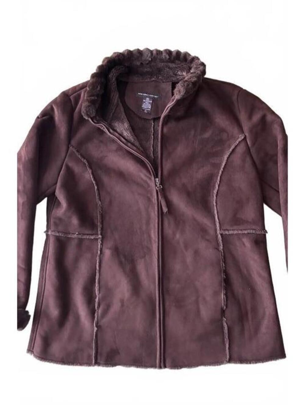 New York & Company Brown Faux Shearling Zip Jacket, Size XL
